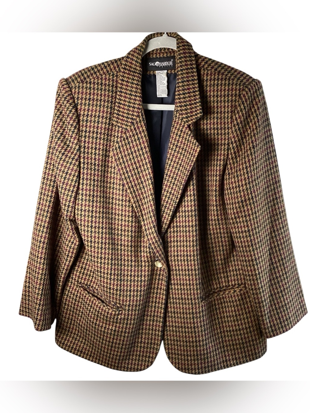 Sag Harbor Houndstooth Blazer in Brown, Cream & Burgundy wool blend